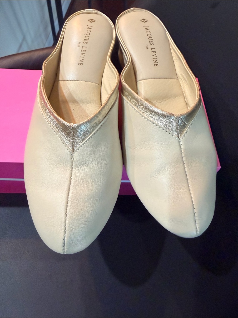 Jacques Levine Cream Leather Mules with Gold Trim